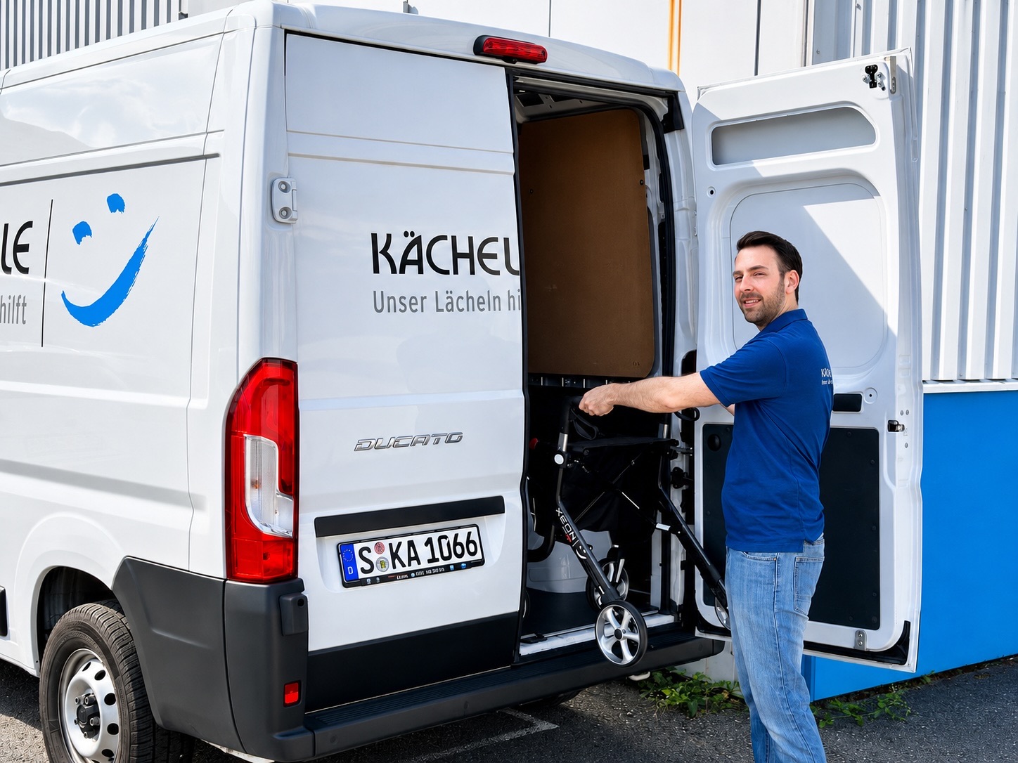 Kächele-Servicetechniker lädt einen Rollator ins Lieferfahrzeug – Miet-Hilfsmittel werden im Großraum Stuttgart und Reutlingen nach Hause geliefert